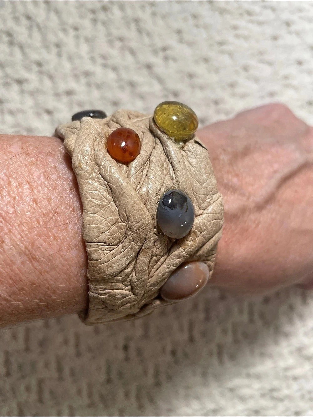 Artisan Ruched Leather Cuff Bracelet - Statement Organic Gemstone Leather Bangle